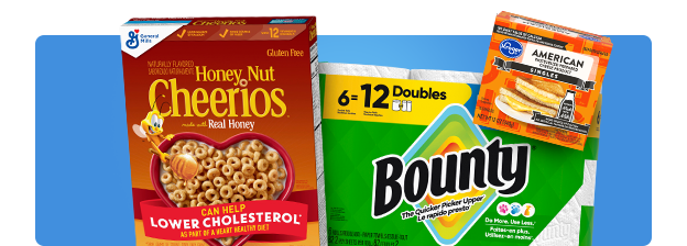 Honey Nut Cheerios, 6 pack of Bounty rolls and American cheese singles.