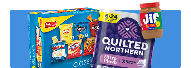 Frito Lay multi-pack featuring Ruffles, Lays, Doritos, Fritos and Cheetos, Jif peanut butter, and a 6-pack of quilted northern toilet paper.