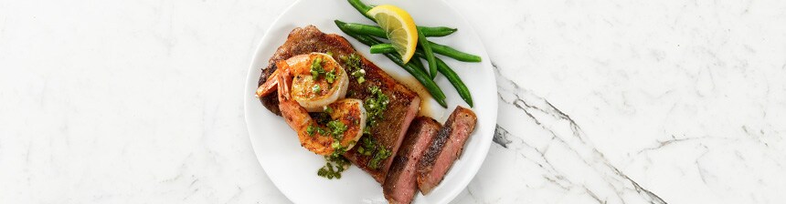 Seared Strip Steaks and Shrimp with Chimichurri