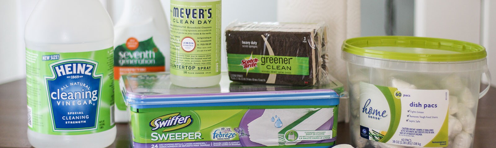Cleaning supplies on a wooden table