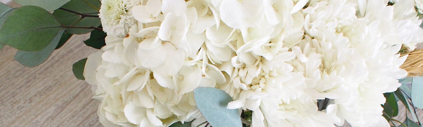 Close up from above of mums sitting on a table