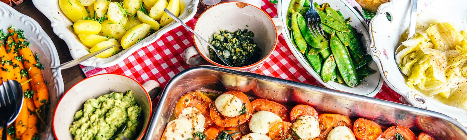 A variety of different foods in serving pans and bowls on a red gingham tablecloth A variety of different foods in serving pans and bowls on a red gingham tablecloth