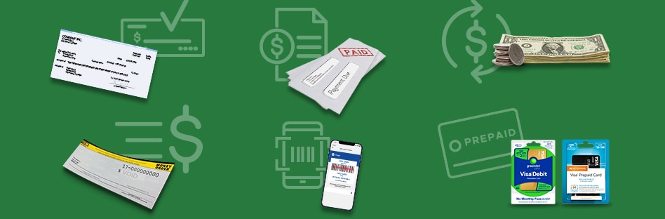 Consolidated representation of all the money services available at Dillons Food Stores including check cashing, bill pay, money transfers, money orders, account funding, and prepaid cards.